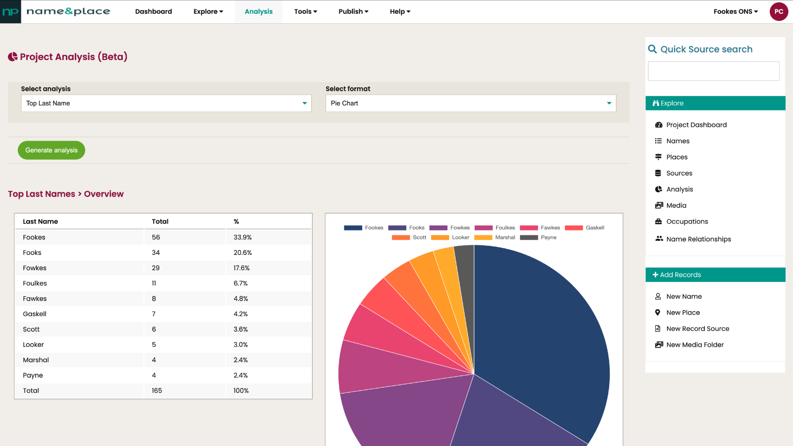 Name & Place interface showing structured historical data
